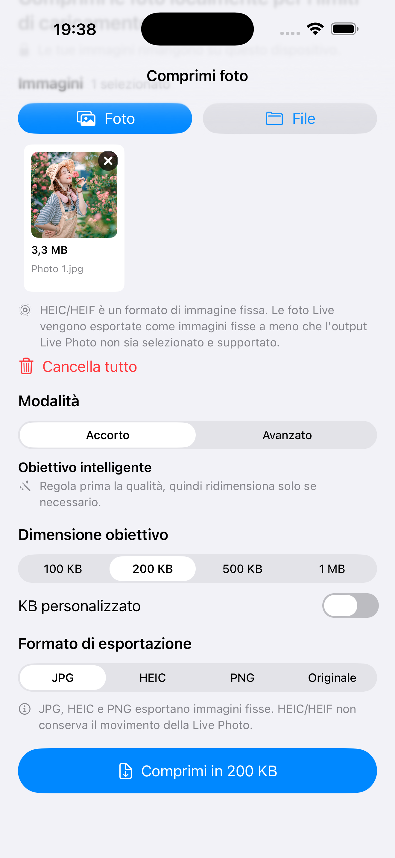 Comprimi a un KB target